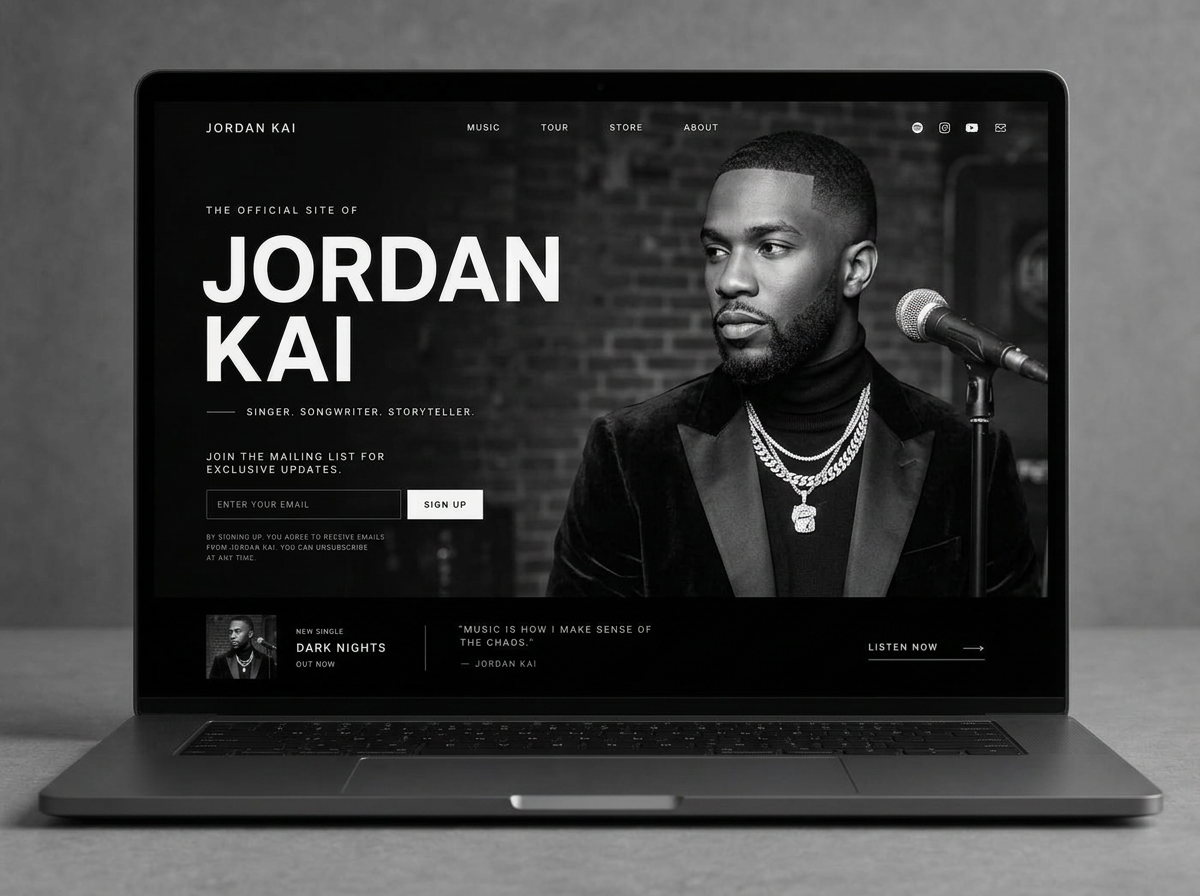 Example artist landing page built by Sound & Scale, shown on a laptop