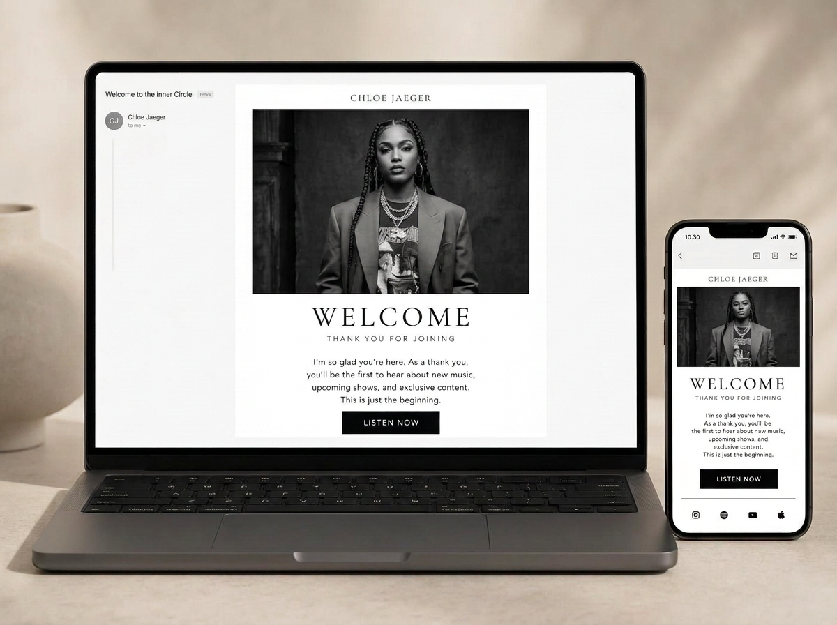 Automated welcome email sequence for an artist, shown on a laptop and phone