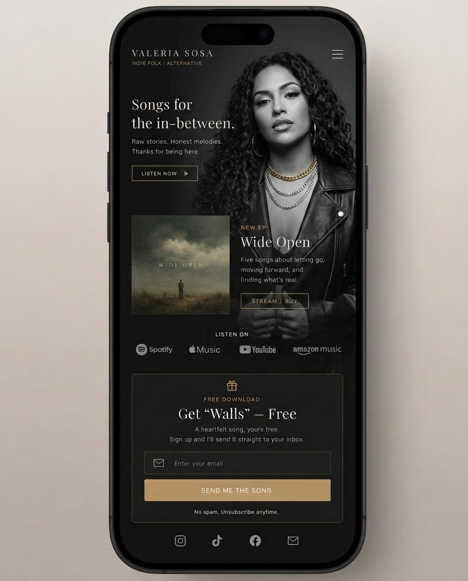 Artist landing page with a free download email magnet, shown on a phone